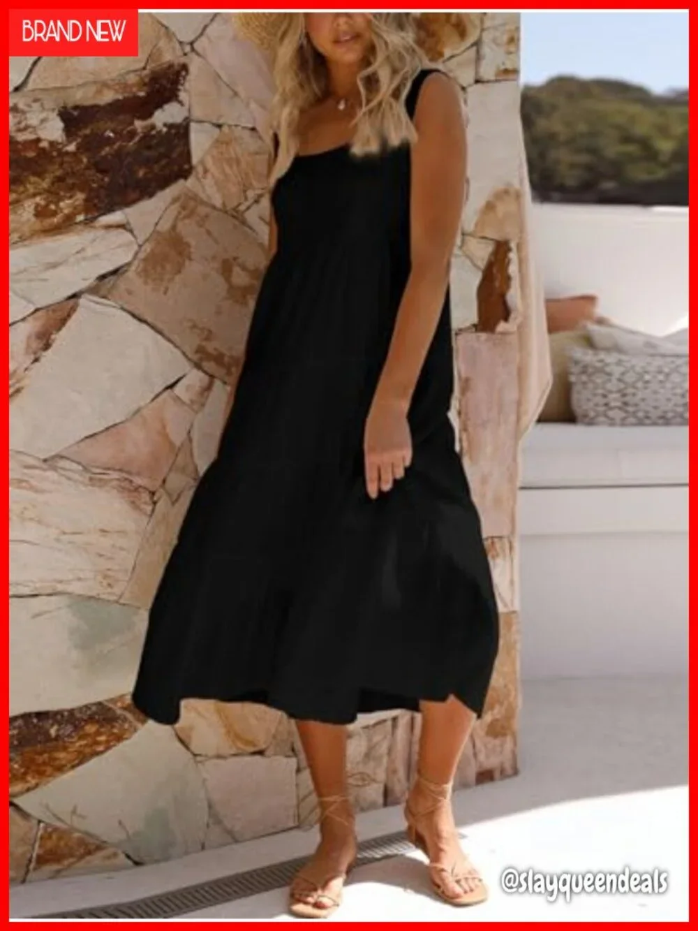 Sleeveless Square Neck Tiered Ruffle Cotton Sundress